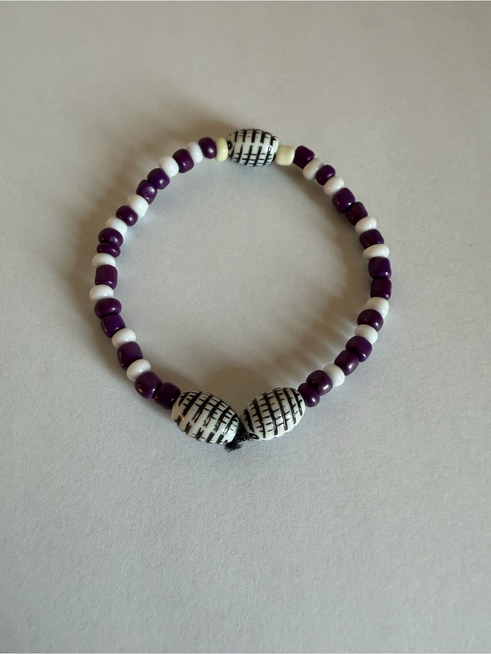 Purple & White Stretch Beaded Bracelet with Patterned Accent Beads